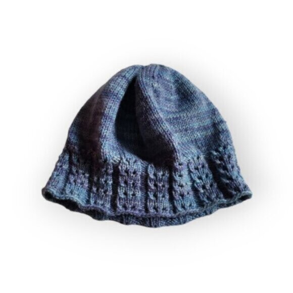 Handknit Twisted Brim Slouchy Hat  Blue Ombre Cotton - Picture 7 of 8